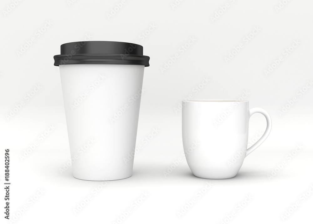 白色背景的空白模型咖啡杯。3D插图