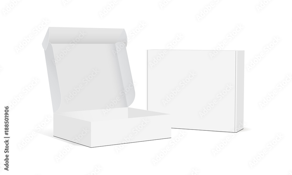 两个空白包装盒-打开和关闭的实物模型，在白色背景上隔离。矢量插图