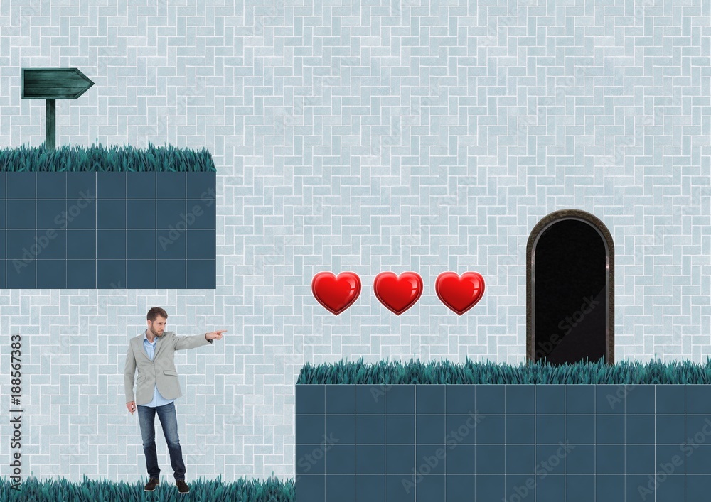 Man in Computer Game Level with hearts and trap