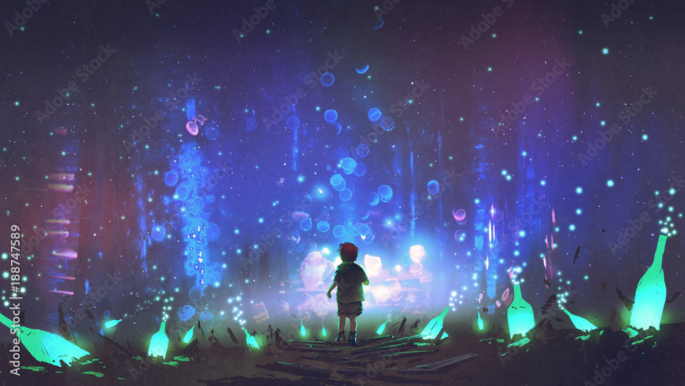 男孩在许多发光的绿色瓶子中走在地板上的夜景，数字艺术风格，插图