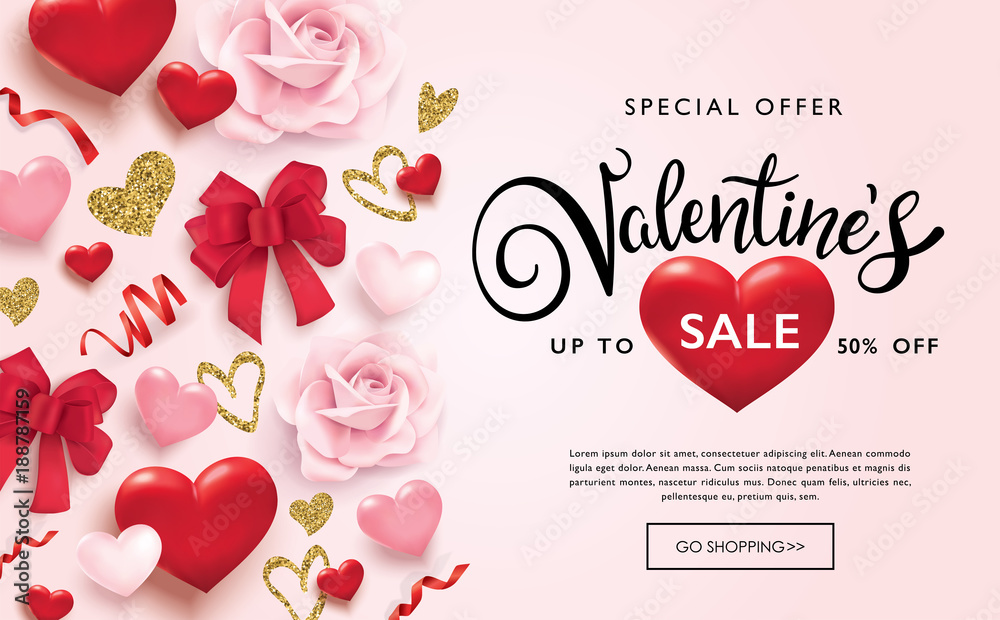 情人节促销海报，配3D心形、缎带、玫瑰和金色闪光心形