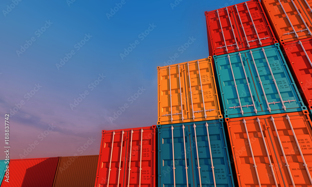 集装箱箱堆叠，进出口业务货运船