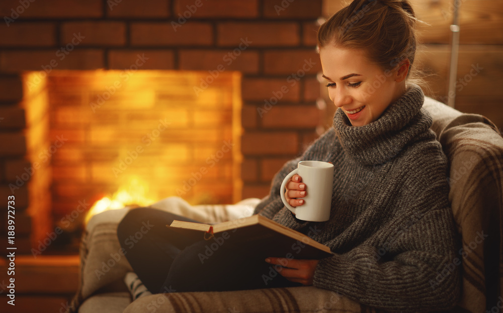 一个冬天的晚上，一个年轻的女人在壁炉旁看书