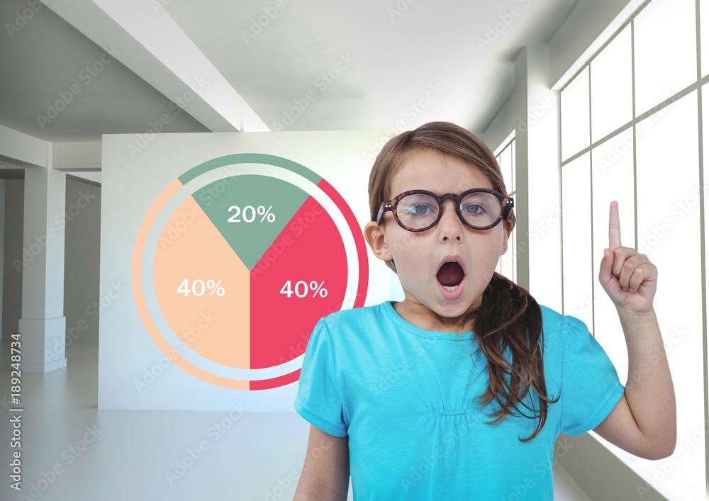 Girl surprised with colorful chart statistics pointing up
