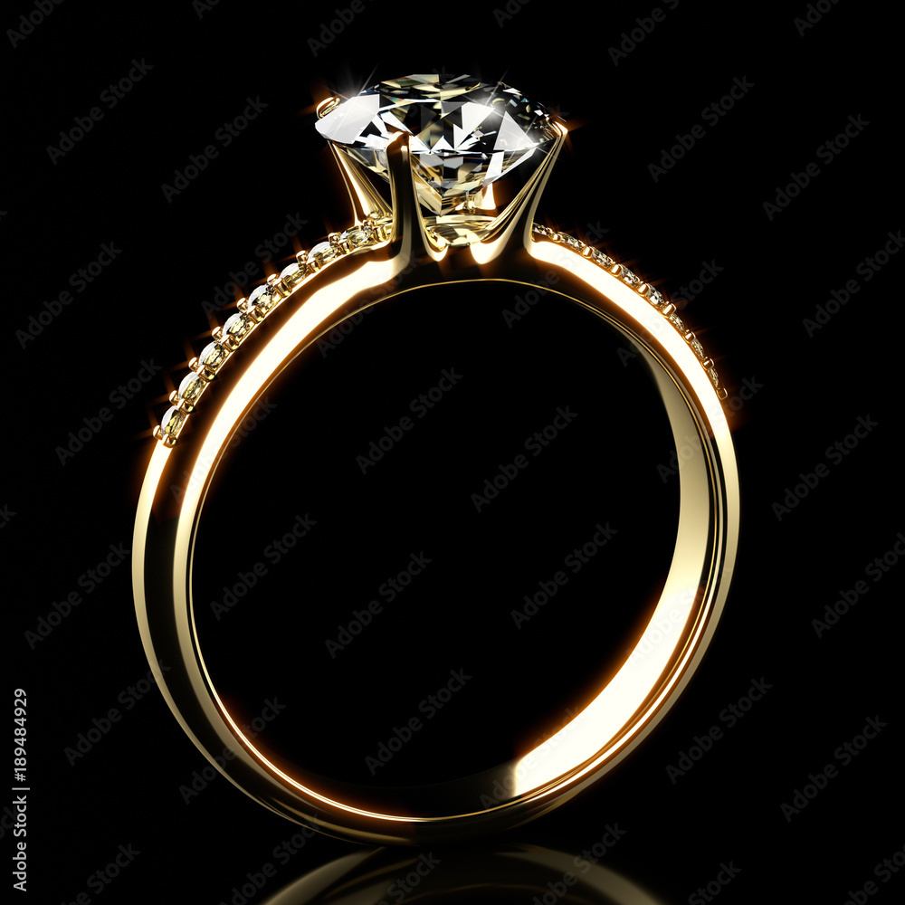 黑色背景上隔离的逼真金色钻石戒指，3d插图