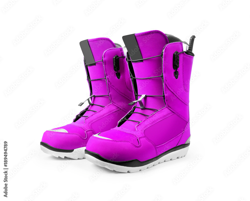 Pair of technological snowboard boots on white background