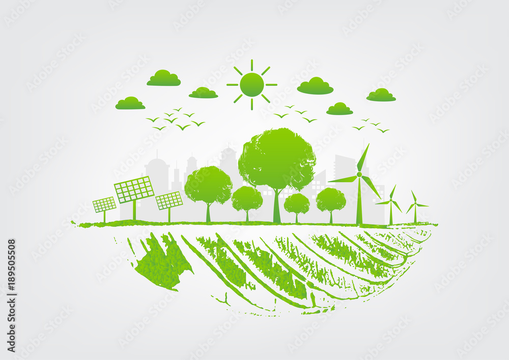 可持续能源系统概念，用于环境、自然保护和绿色城市，矢量插图