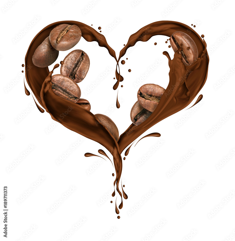 带有心形巧克力飞溅的咖啡豆