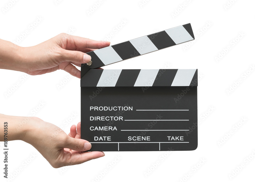 Film slate board or cinema act clapperboard on woman鈥檚 hand with take, action, scence blank copyspac