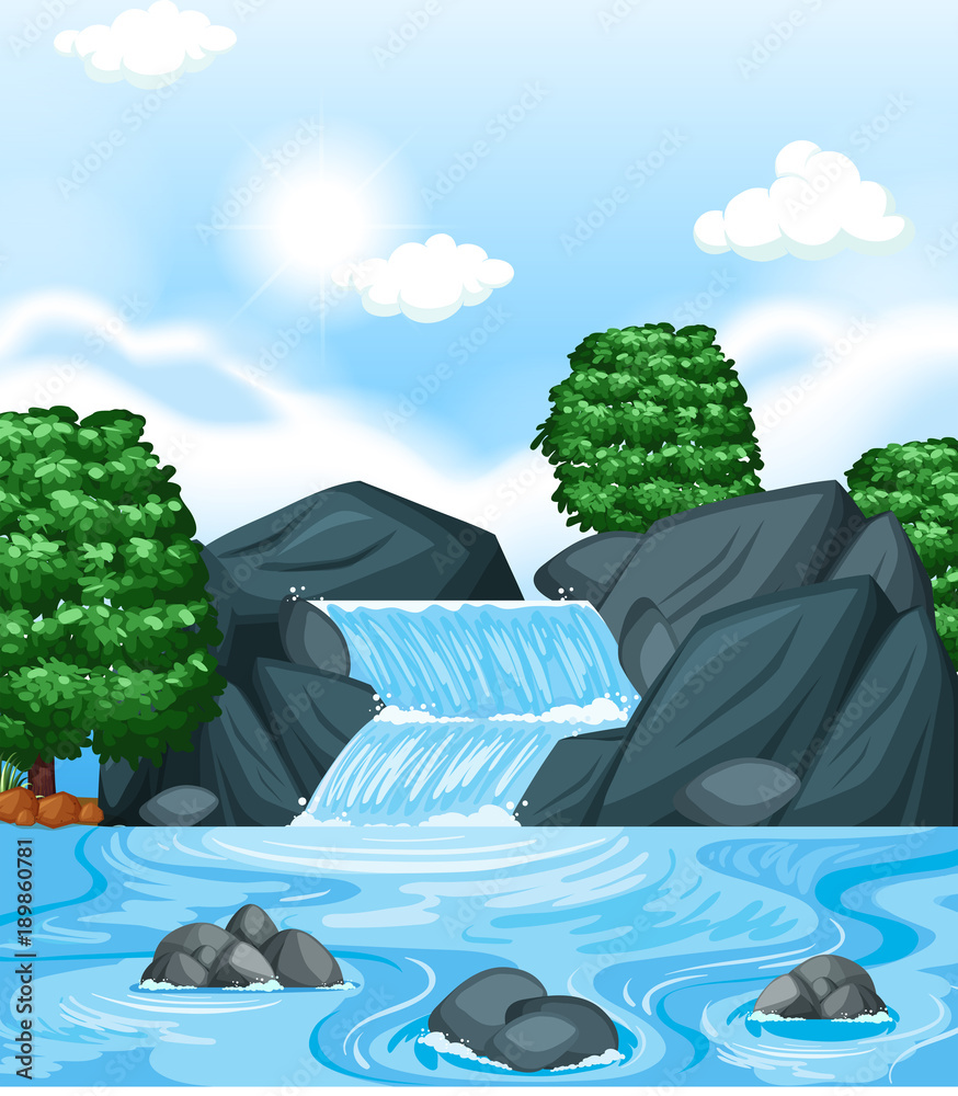 瀑布和树木的背景场景