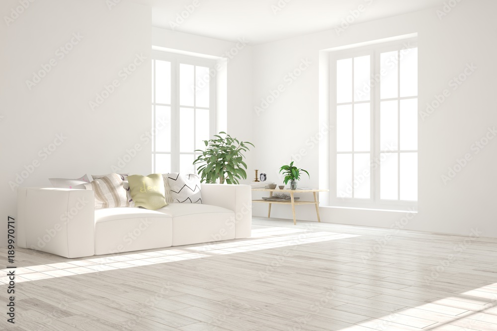 带沙发的白色极简主义房间的想法。斯堪的纳维亚室内设计。3D插图