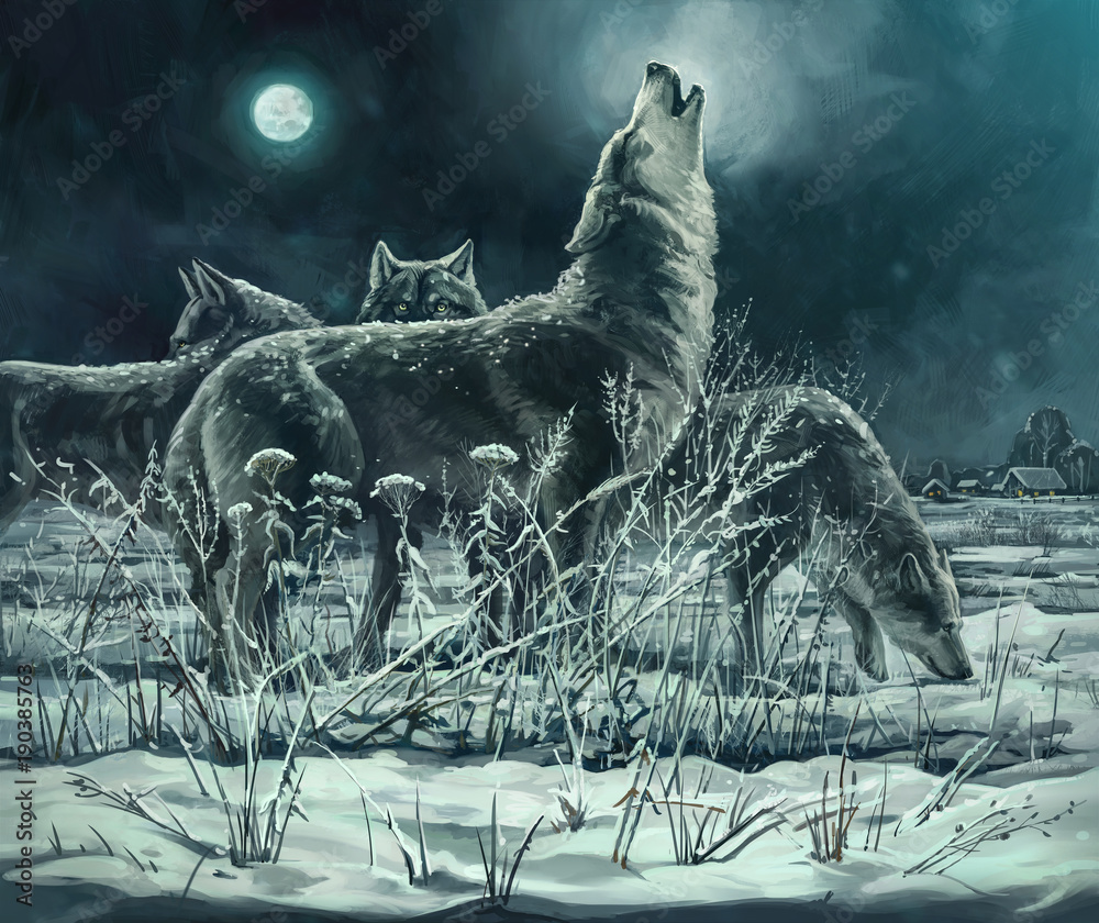 一群狼在夜晚，首领对着月亮嚎叫。数字绘画。