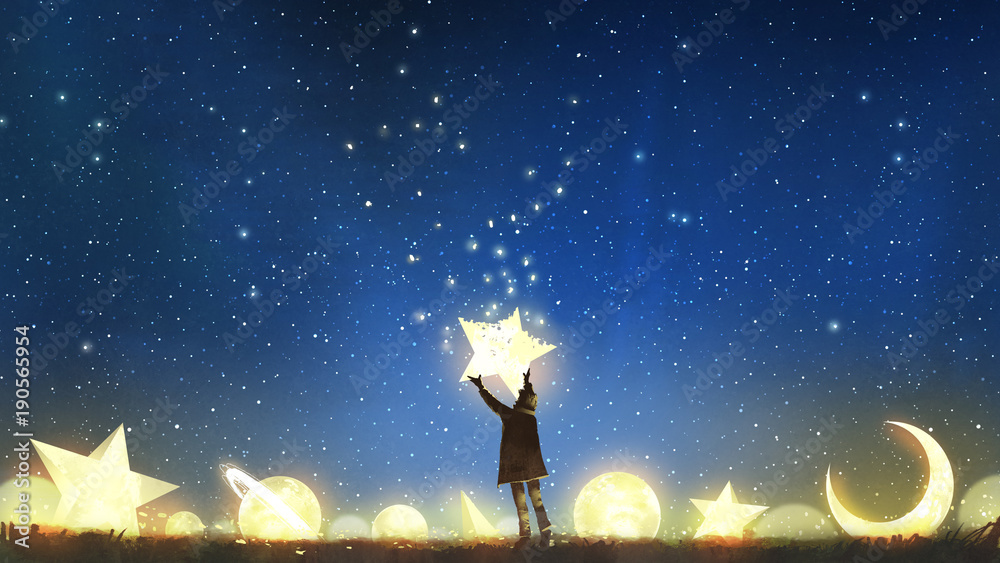 美丽的风景，展现了一个年轻的男孩站在发光的行星之间，将恒星托起