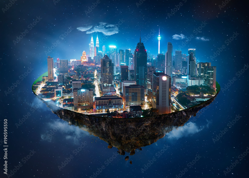 梦幻岛漂浮在空中，拥有现代城市天际线和湖泊花园，夜景。