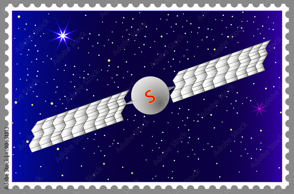 带有框架简单穿孔的自动太空探险家邮票。矢量插图。Ca