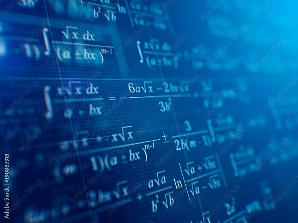 数学概念-蓝色背景下的数学公式。三维渲染