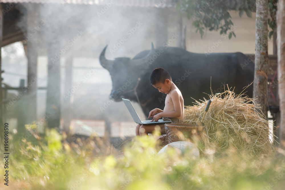 农村的年轻农民在农田里玩笔记本电脑，亚洲的农村和技术概念。
