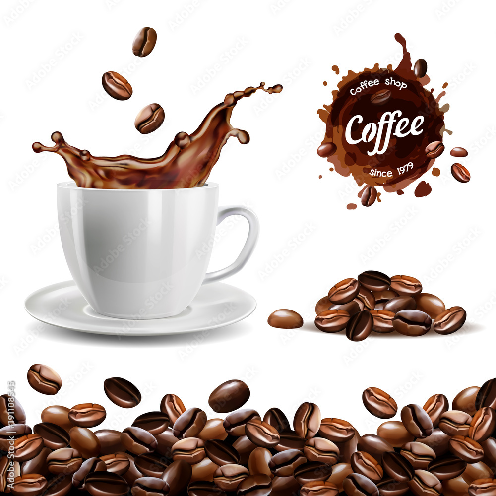 逼真的矢量元素集（咖啡豆背景、咖啡杯、咖啡飞溅、堆和sta）