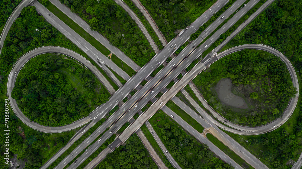Aerial view highway junction, cross roads, interchange and expressway is an important infrastructure