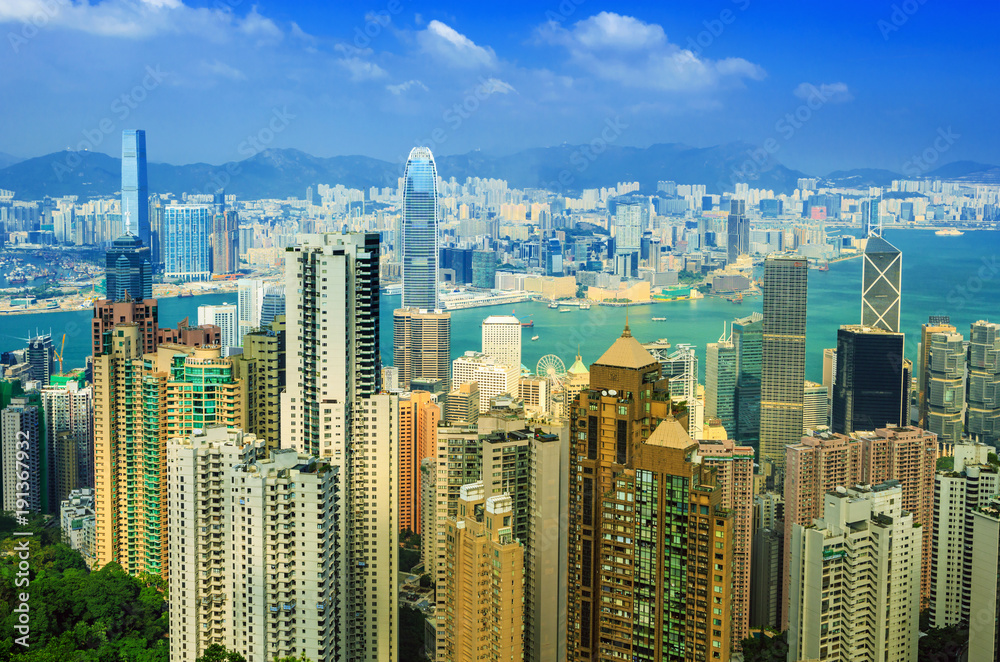 从中国维多利亚峰看香港城市天际线的奇观