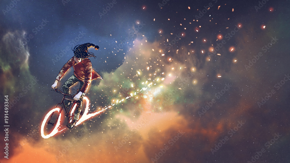man with fancy clothes riding bicycle with glowing wheels in outer space, digital art style, illustr