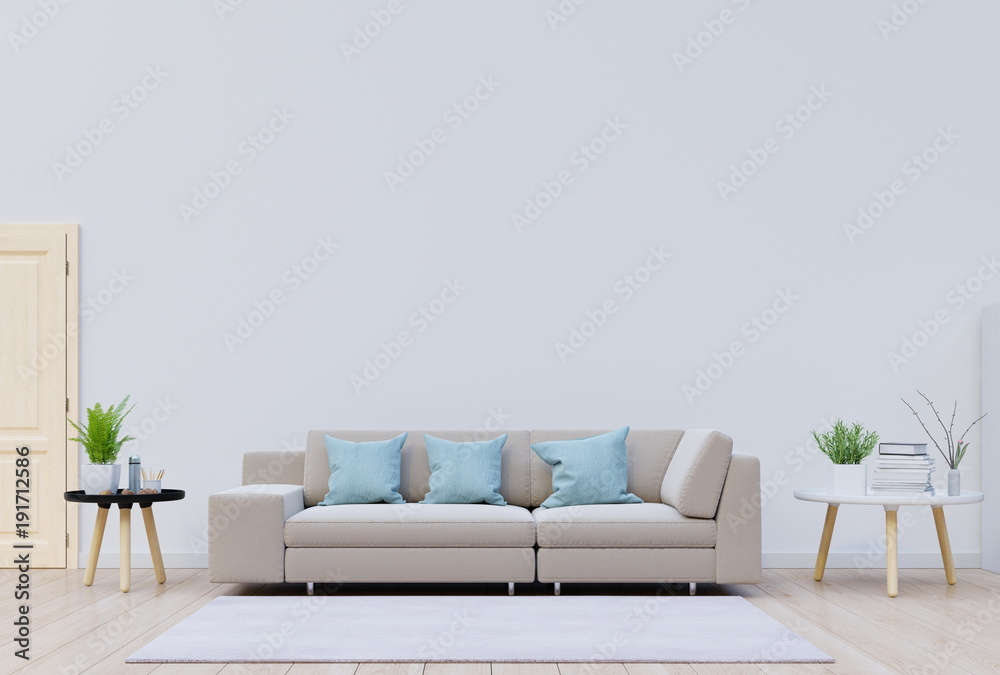 带沙发和装饰的现代客厅有背面白墙，3D渲染