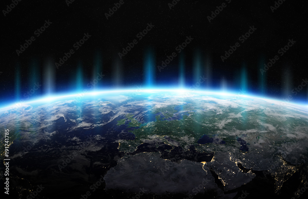 美国国家航空航天局提供的蓝色行星地球在太空中的三维渲染元素