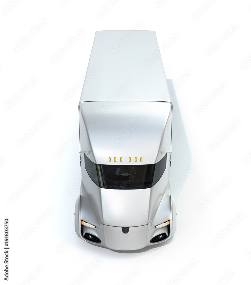 白色背景下隔离的自动驾驶电动半卡车的前视图。3D渲染图像。