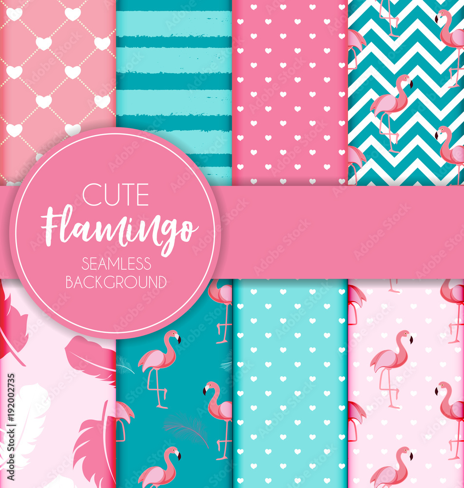 Cute Retro Seamless Flamingo Pattern Collection Set  Background Vector Illustration
