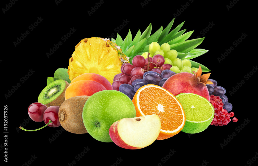 Different fruits and berries isolated on black background