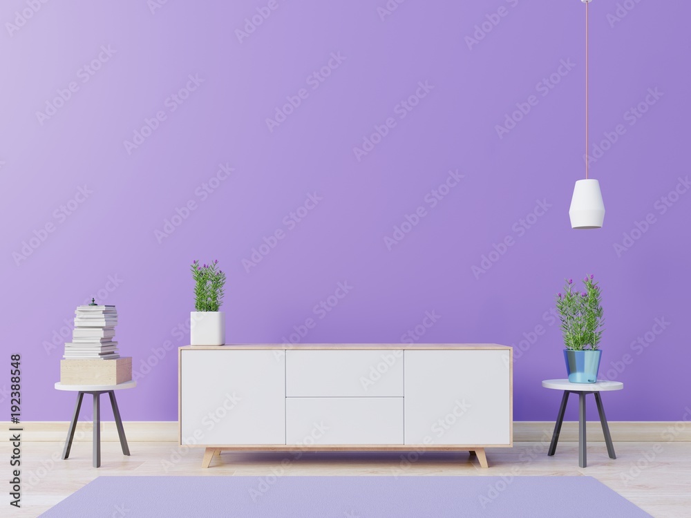 带植物和灯的电视柜具有2018年墙壁紫外线颜色，3D渲染