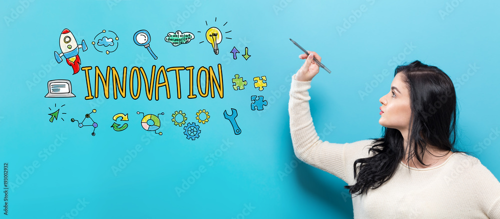 Innovation with young woman holding a pen on a blue background