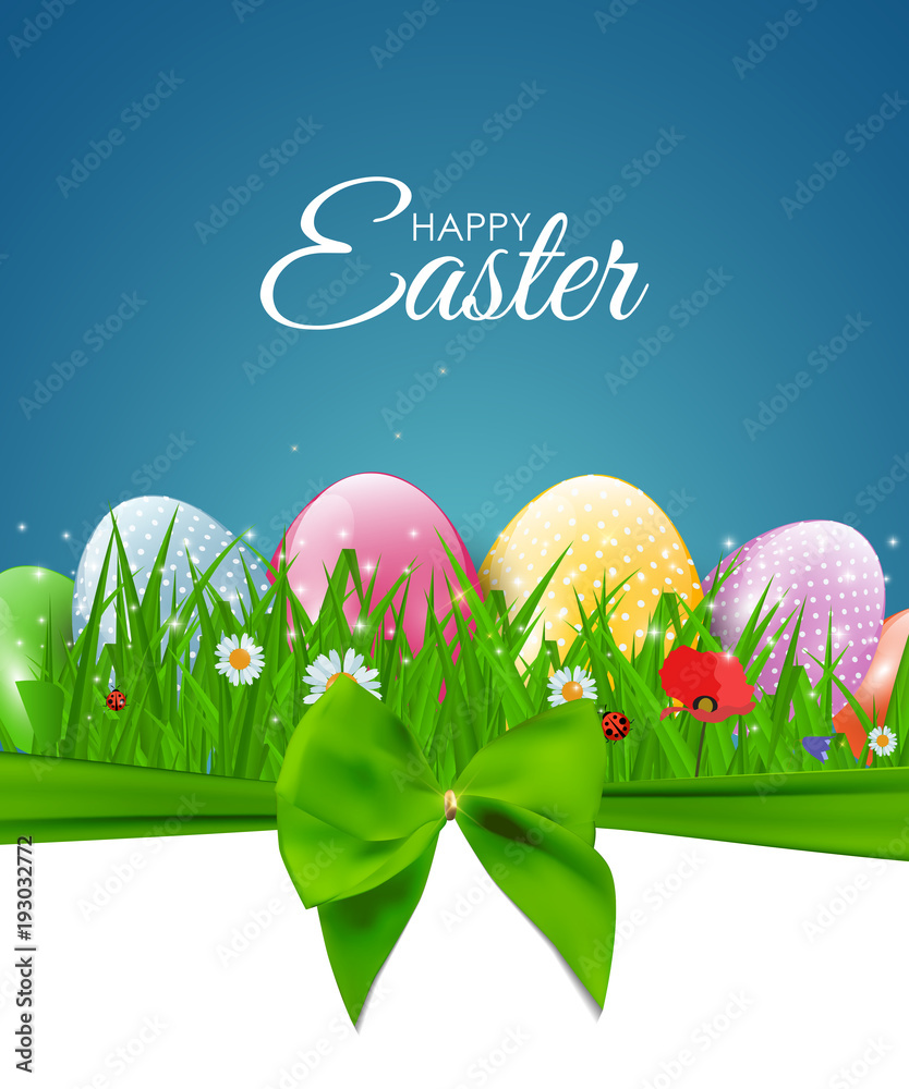 Happy Easter Natural Background with Eggs, grass, flower. Vector Illustration 