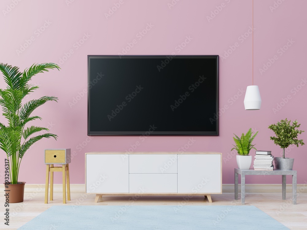 现代客厅橱柜上的智能电视，粉色墙背景，3d渲染