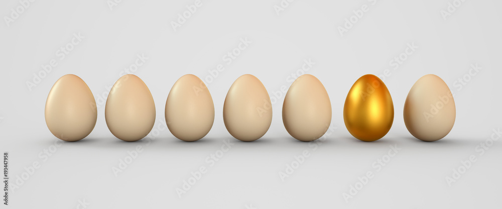一排白蛋中的金蛋。复活节彩蛋。3D渲染插图。