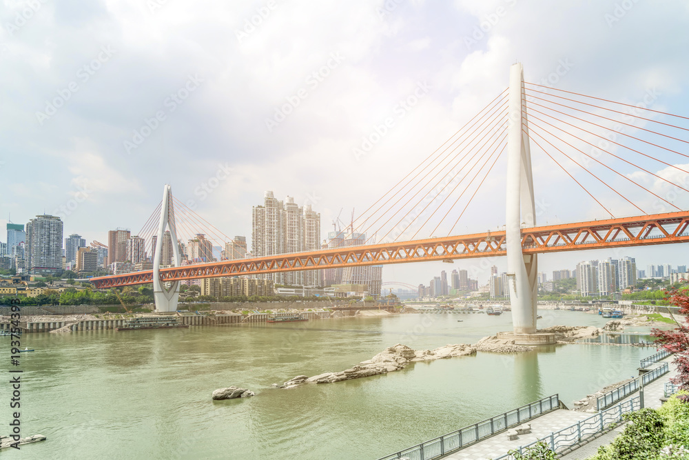 重庆城市建筑景观天际线与河桥
