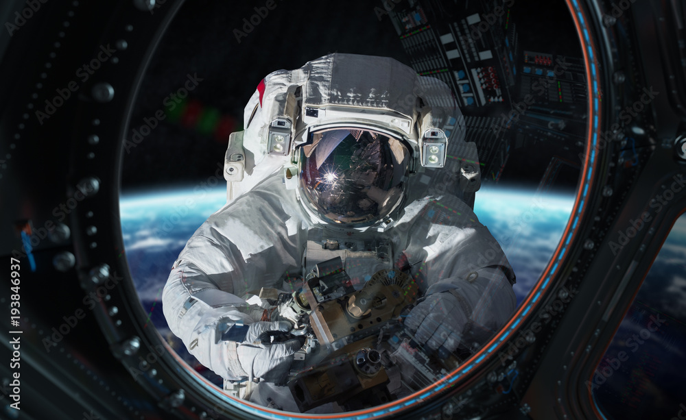 宇航员在空间站工作，由美国国家航空航天局提供该图像的3D渲染元素