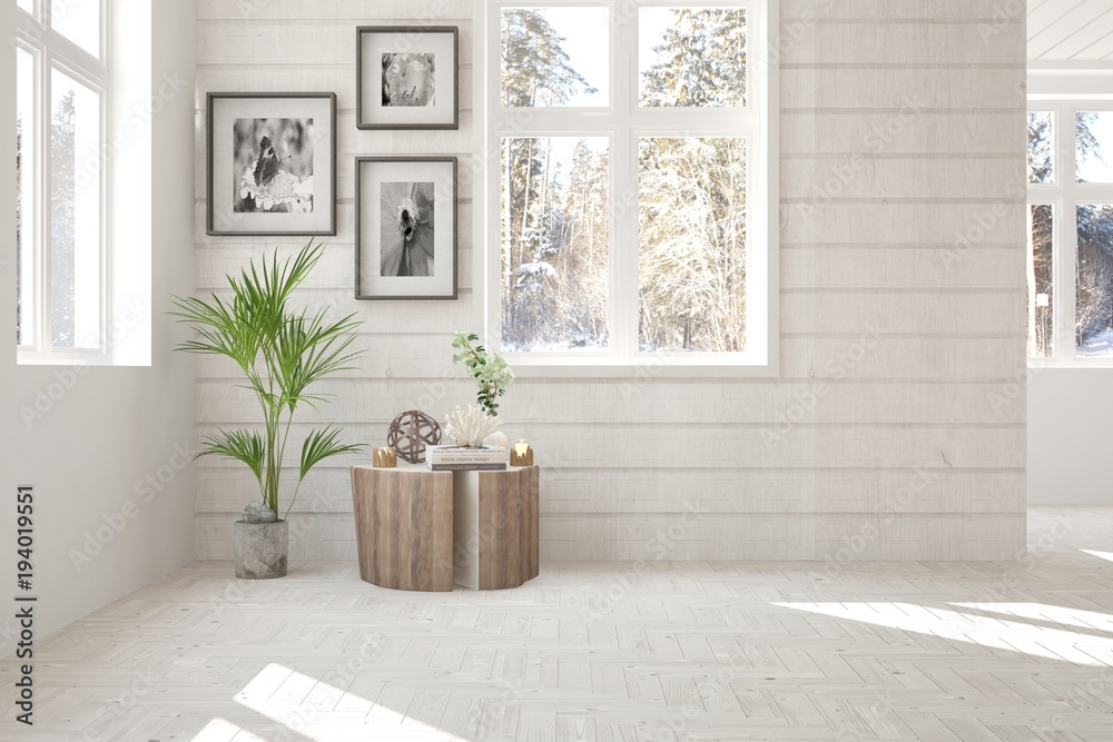 白色空房间，窗户里有冬季景观。斯堪的纳维亚室内设计。3D插图