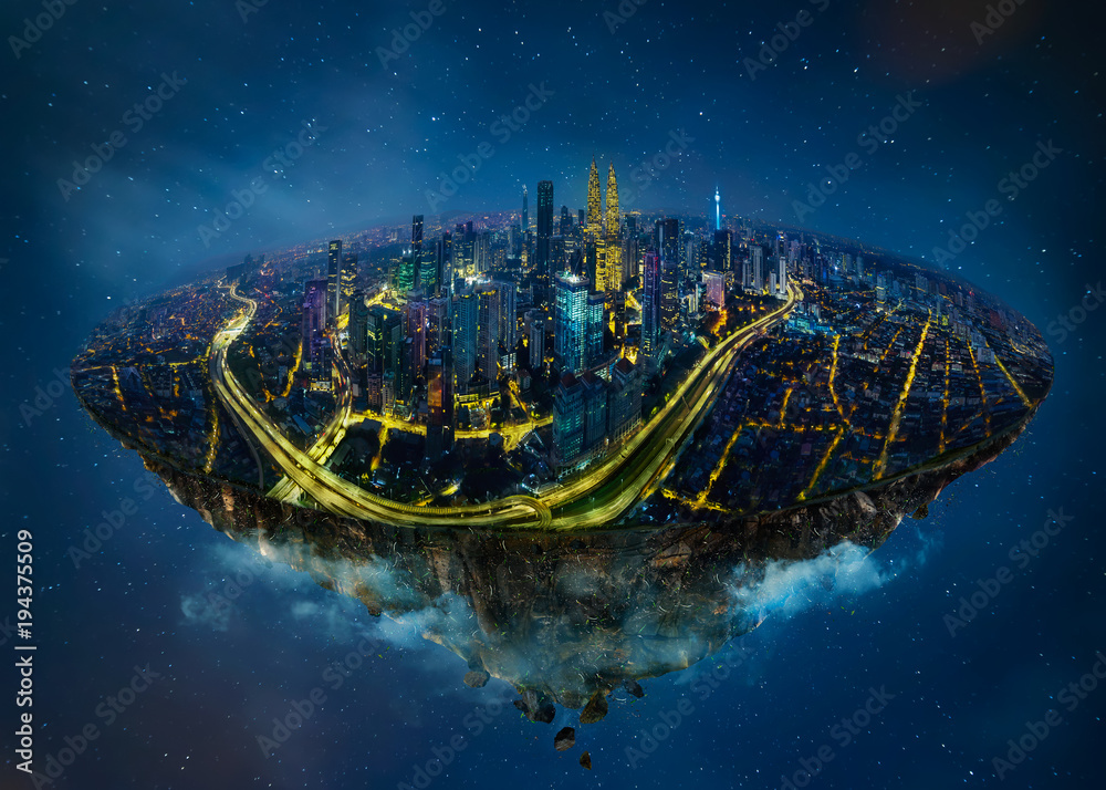 梦幻岛漂浮在空中，现代城市天际线，夜景。
