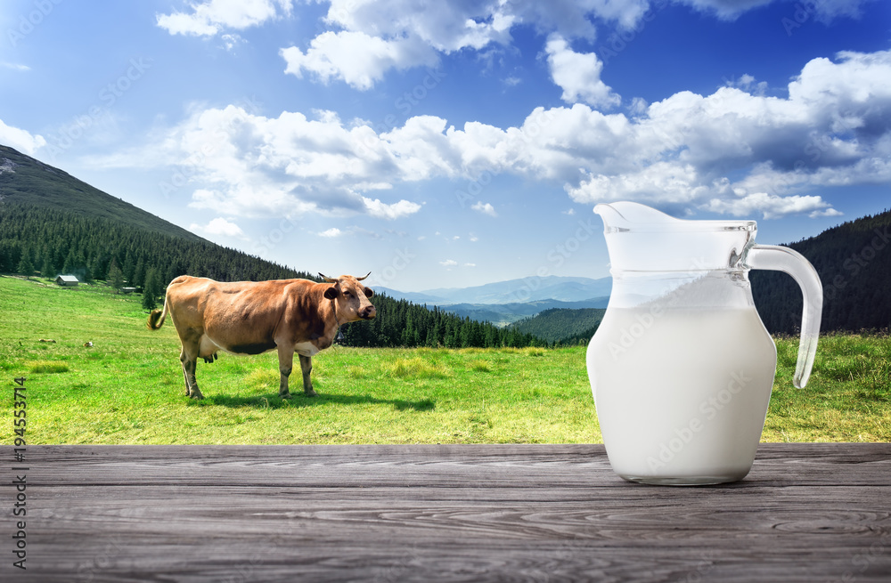 以奶牛和牧场为背景的牛奶罐