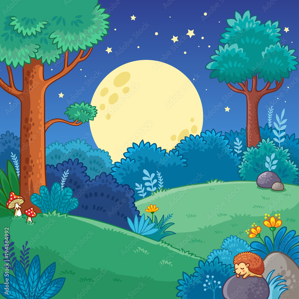 夜森林。卡通风格的树木和月亮矢量插图。
