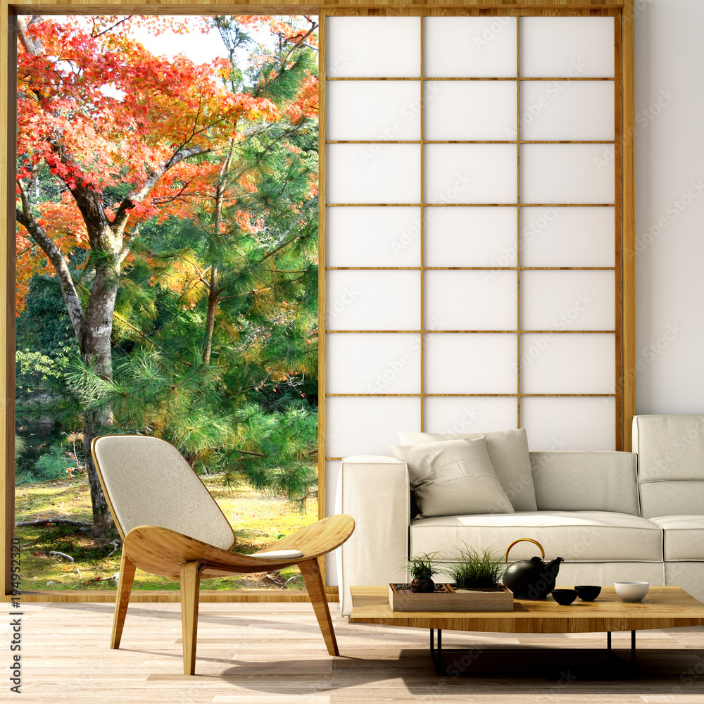室内设计，带桌子、木地板、榻榻米垫和传统日式doo的现代客厅