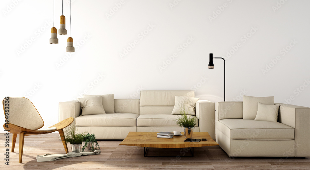 interior design,modern living room with sofa,armchair,table,lamp,wood floor and  white wall,was desi