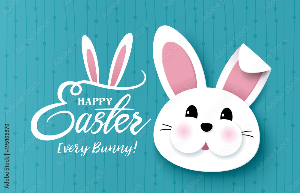 HHappy复活节贺卡，上面有可爱的小兔子和字母设计