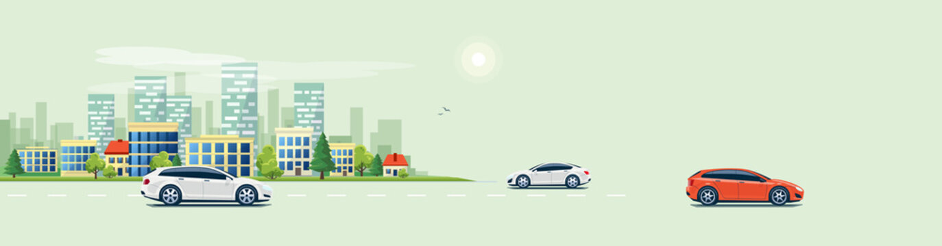 Flat vector cartoon style illustration of urban landscape road with cars, skyline city office buildi