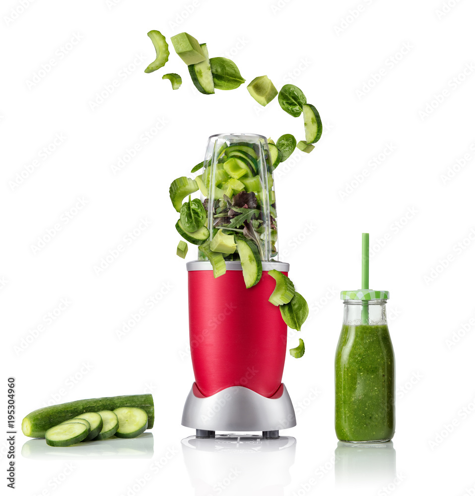 Smoothie maker mixer with vegetable flying ingredients
