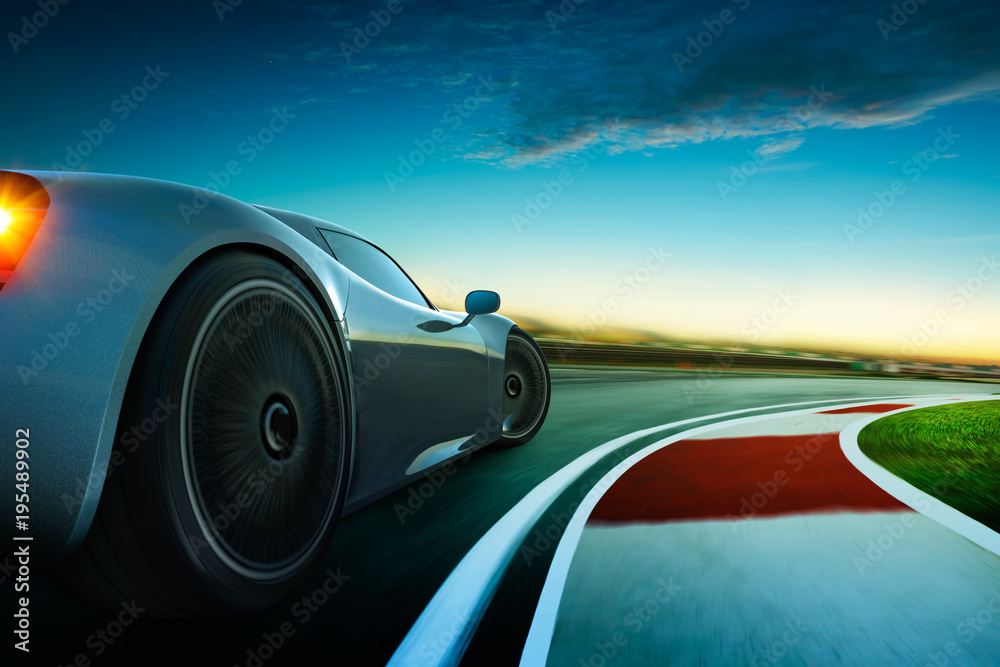 运动模糊的无品牌灰色跑车的3D渲染。赛道背景。日落场景