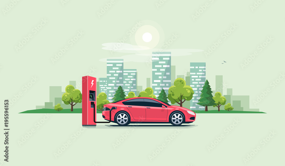 一辆红色电动汽车在街上的充电站用gr充电的平面矢量图