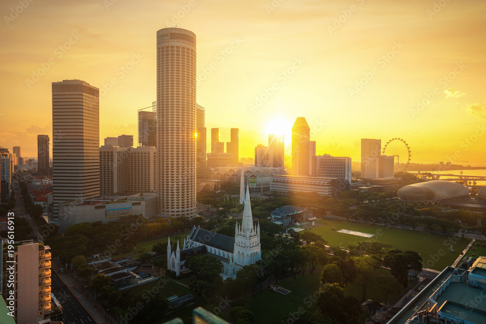 新加坡城市早晨日出时的城市景观