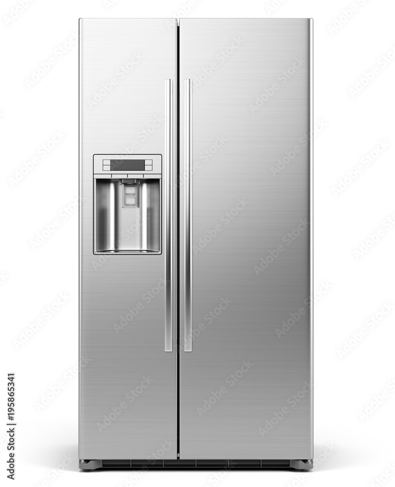 现代并排不锈钢冰箱正视图。白色隔离冰箱